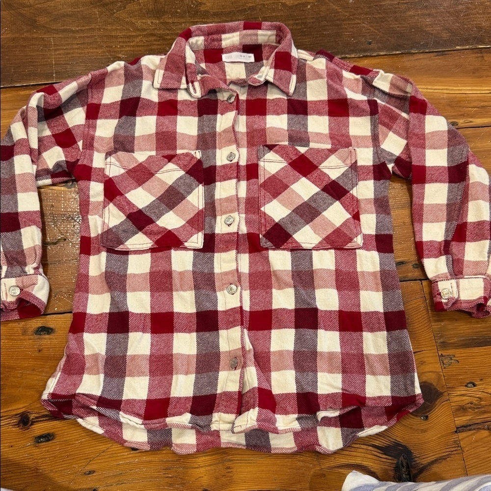 Zara Kids Red and White Plaid Button Down Flannel 100% Cotton Shirt Size 13 14